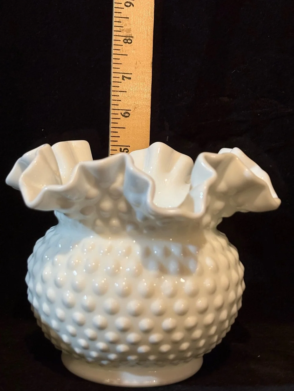 Vintage Fenton White Milk Glass Hobnail Double-crimped Ruffled Vase